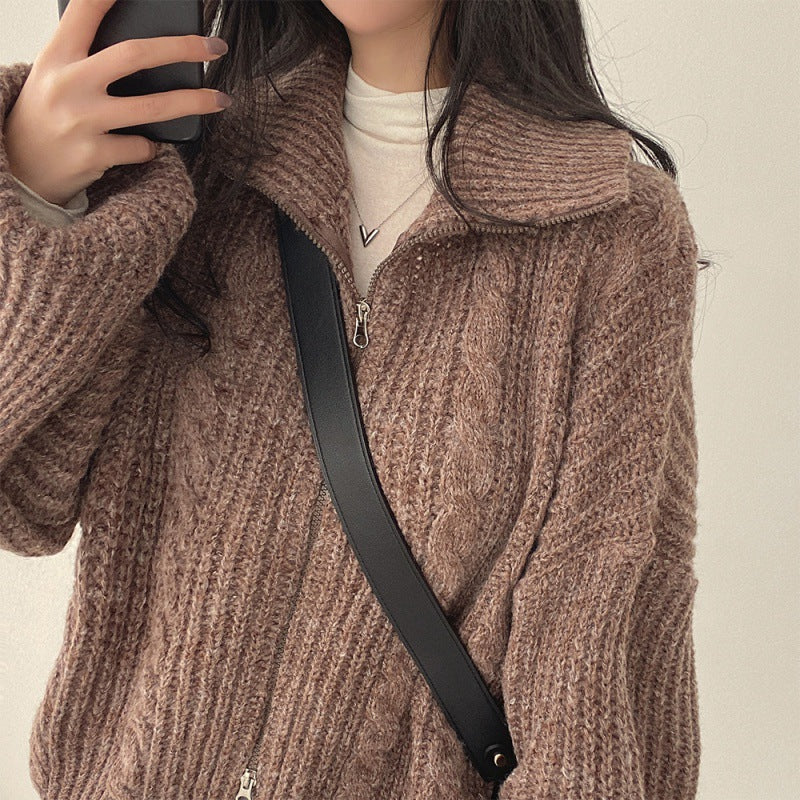 Cable Knit Oversized Zip Up Cardigan - fairypeony
