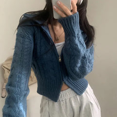 Solid Color Cable Knit Zip Up Cardigan