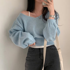 Solid Color V-Neck Cropped Sweater