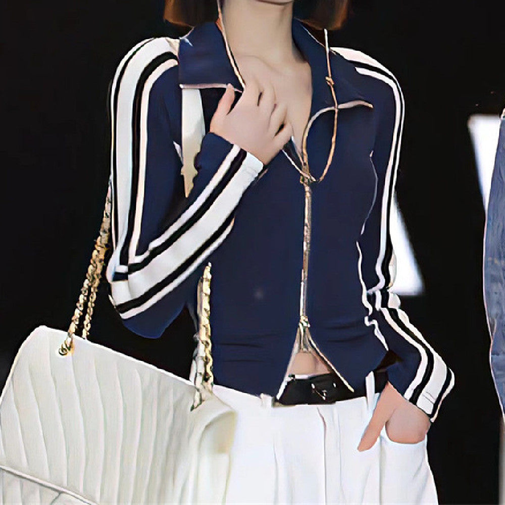 Side Stripe Zip Up Jacket - fairypeony