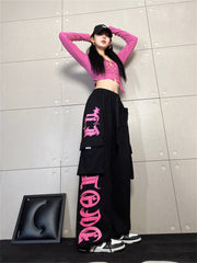 Gothic Letter Pocket Patch Wide Leg Sweatpants - fairypeony