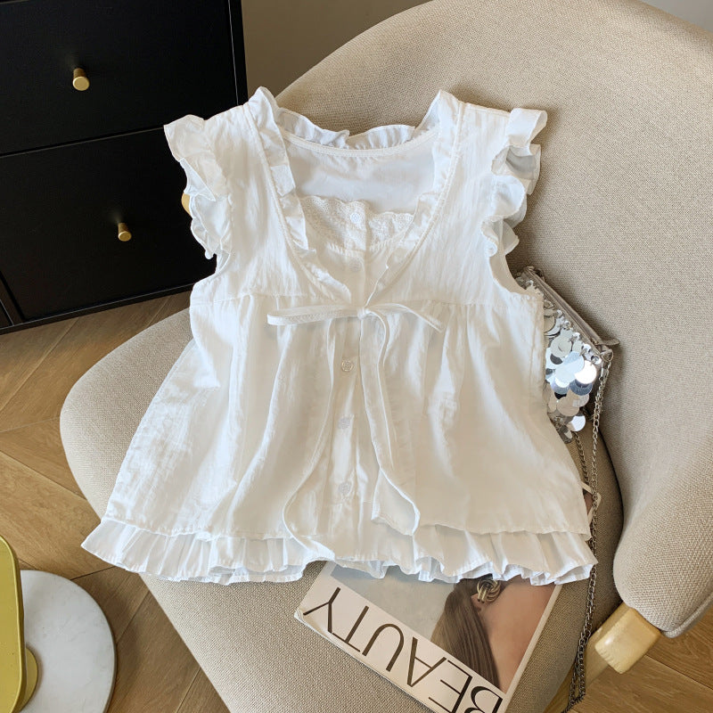 Aesthetic Ruffled V-Neck Fake Two Piece Blouse - fairypeony