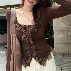 Fairy Patchwork Ruffled Lace Long Sleeve Tee