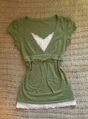 French Retro Lace Spliced Tie-Up Top