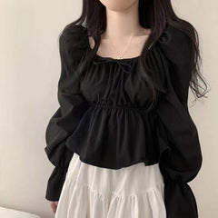 Solid Color Elastic Square Collar Puff Sleeve Blouse