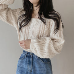 Solid Color Lantern Sleeve Square Collar Sweater