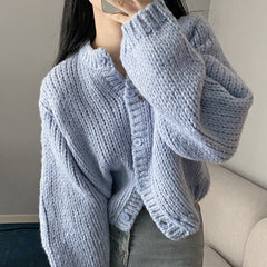 Round Neck Lantern Sleeve Knitted Cardigan