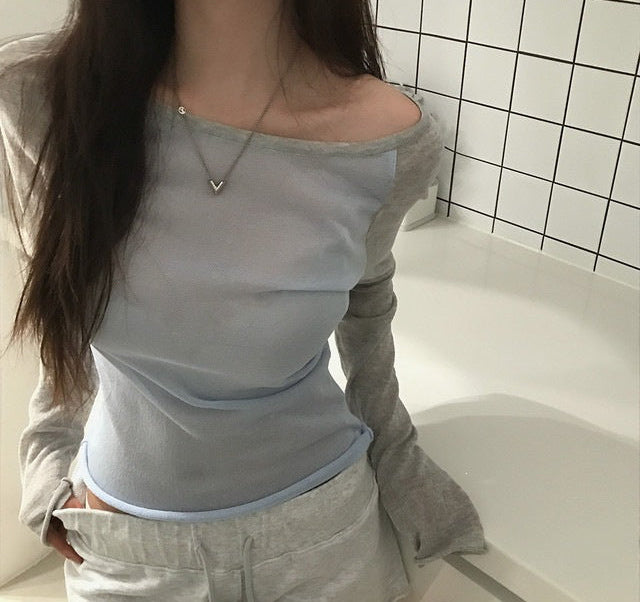 Color-block knit sweater top in gray blue, front view