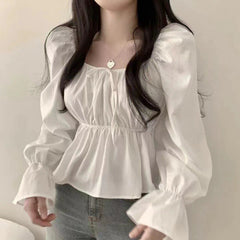 Solid Color Elastic Square Collar Puff Sleeve Blouse