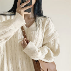 V-neck Mid-length Sweater Thick Long-sleeved Knitted Top