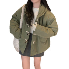 Winter cow horn button insulated hooded cotton coat