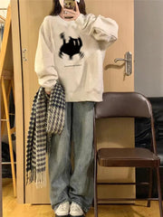 Black Cat Print Pullover Oversized Sweatshirt