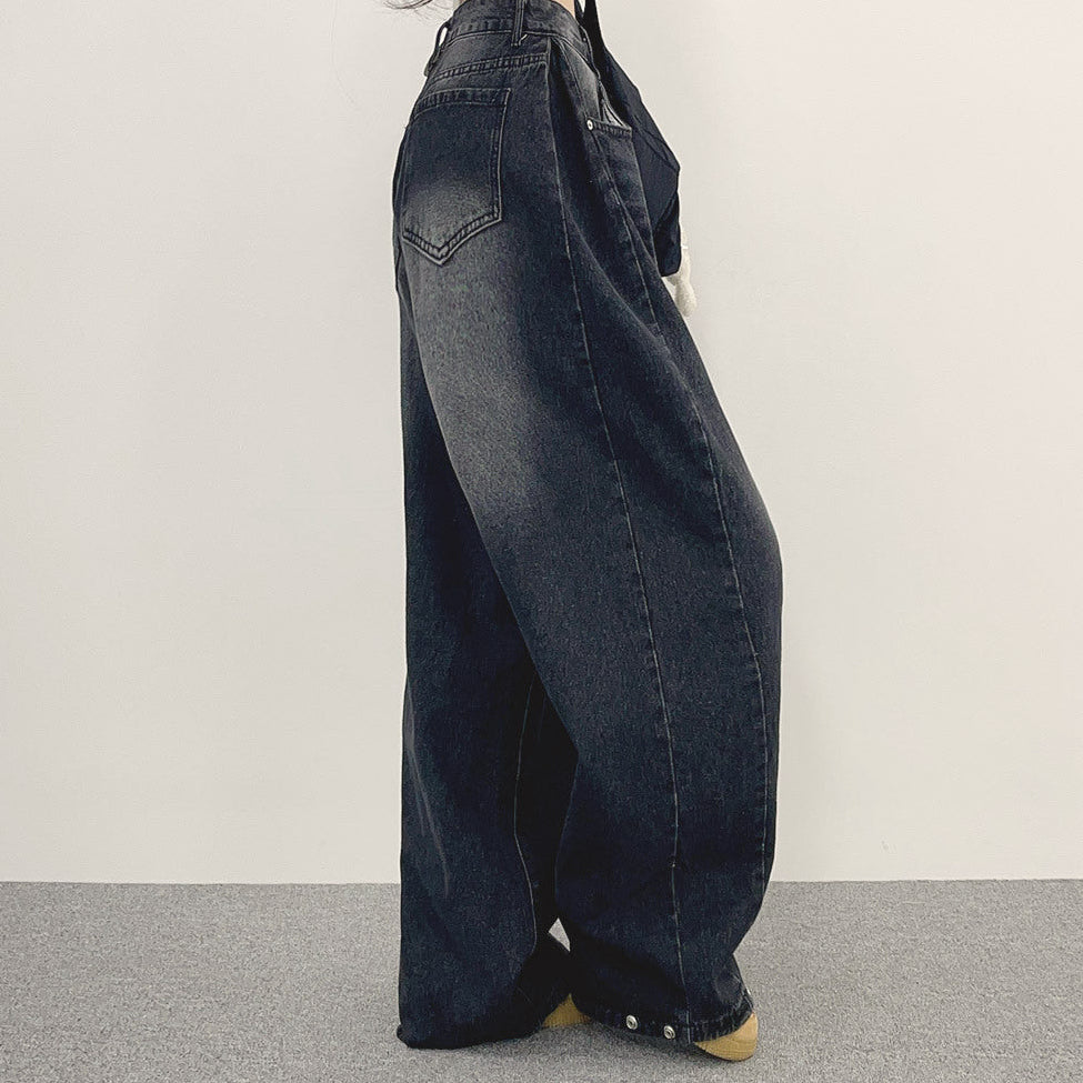 High waist wide-leg vintage washed jeans in black, side view
