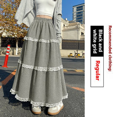 Aesthetic Checkered Print Ruffled Maxi Skirt