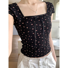 Lace Trim Square Collar Bow Short Sleeve Tee