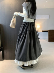 Stretch Waist Pleated Lace-Hem Midi A-Line Skirt – Sweet Autumn Wool-Feel Half Skirt