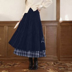 Woolen Corduroy Patchwork Plaid High-Waist A-Line Long Skirt Dress