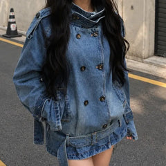 Vintage Double-Breasted Belted Utility Denim Jacket Coat