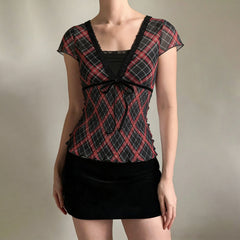 2000s Mesh Lace Trim V-Neck Top – Plaid Faux Two-Piece Smocked Ruffle Tee S–L