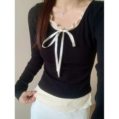 Ruffled Collar Bow Knot Long Sleeve Tee