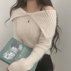 Solid Lapel Neck Fuzzy Sweater