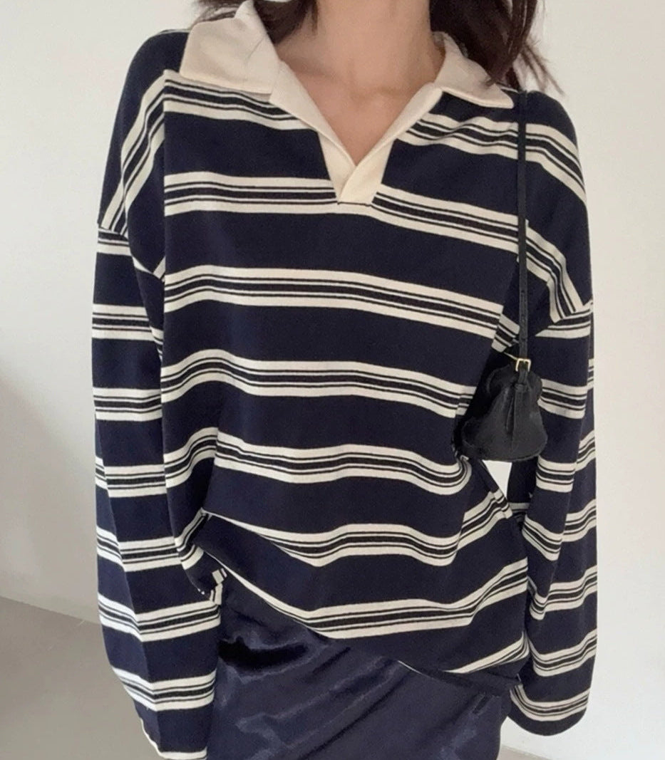 Striped polo collar shirt in Navy Blue, front view