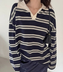 Striped polo collar shirt in Navy Blue, front view