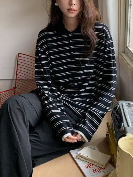 Women's Retro Color-Block Striped Polo Collar Long Sleeve Knit Top