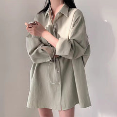 Solid Color Polo Collar Long Sleeve Loose Blouse