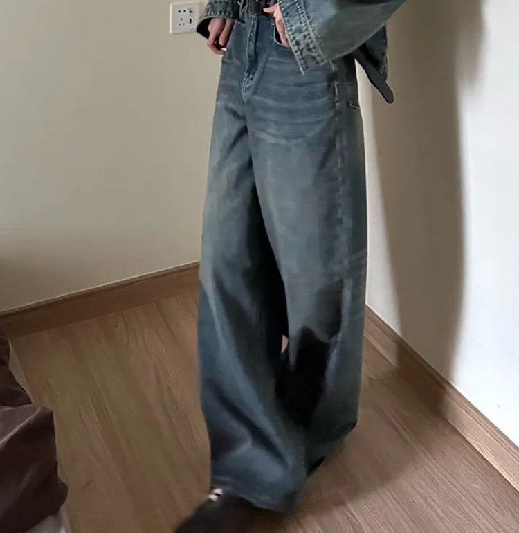 Vintage blue loose wide-leg denim pants in retro blue, relaxed fit