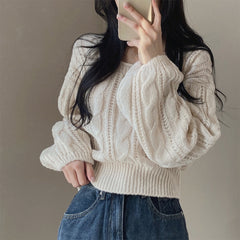 Solid Color Lantern Sleeve Square Collar Sweater