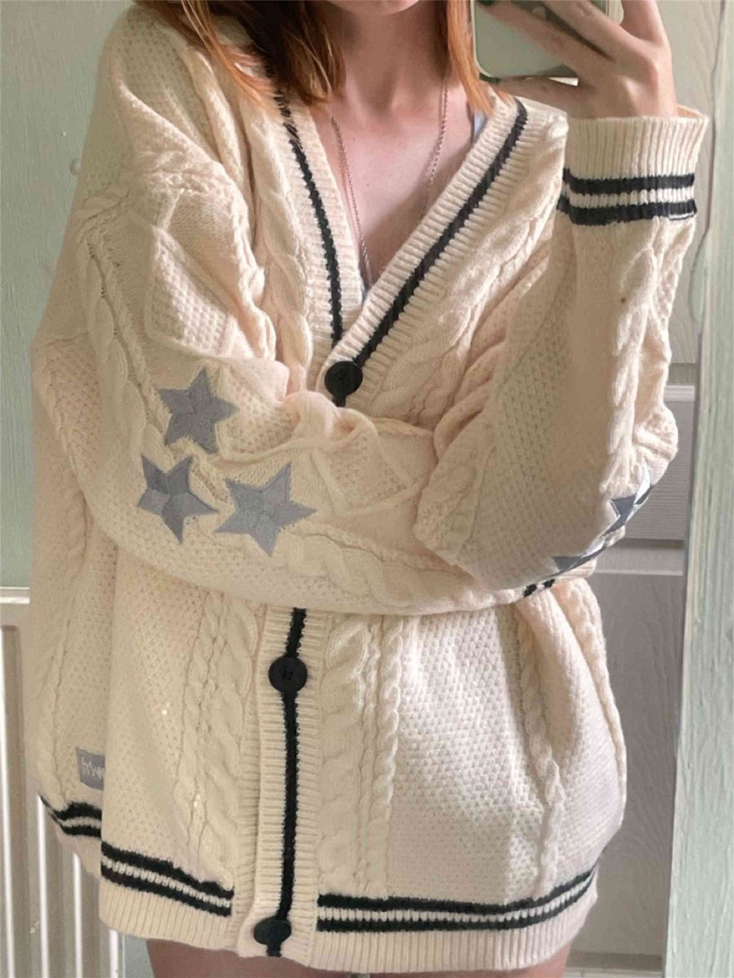 Oversize Star Embroidered Cable Knit Cardigan - fairypeony