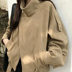 Retro foldable collar suede coat in khaki, front view