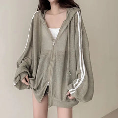 Striped Sleeve Knitted Hooded Zip Up Thin Cardigan