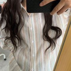 Colorful Stripe Print Button Up Long Sleeve Shirt - fairypeony