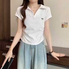 Embroidered Bow Polo Collar Short Sleeve Tee