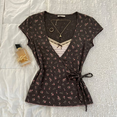 2000s Ditsy Floral Wrap Crop Top – Dark Brown Lace Tie-Up S–2XL
