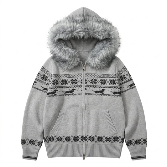 2000s Fair Isle Faux Fur Hood Oversized Knit Zip Cardigan