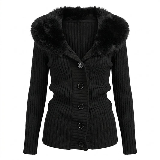 2000s Faux Fur Collar Ribbed Knit Cardigan