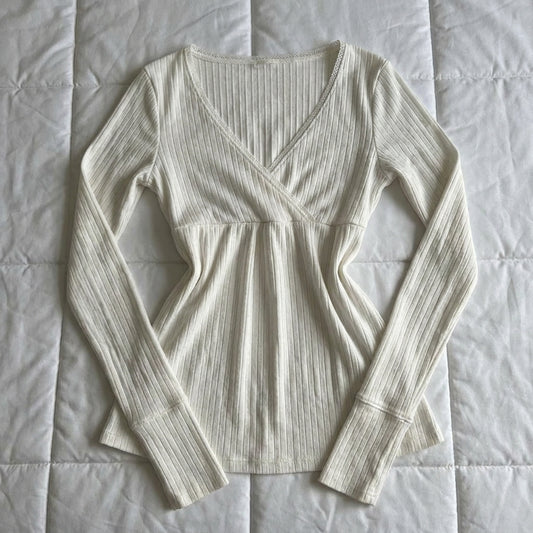 2000s Lace Patchwork Cross-Collar Babydoll Top – Wrap V-Neck in White S–L