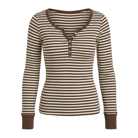 2000s Long Sleeve Striped Knit Henley Top