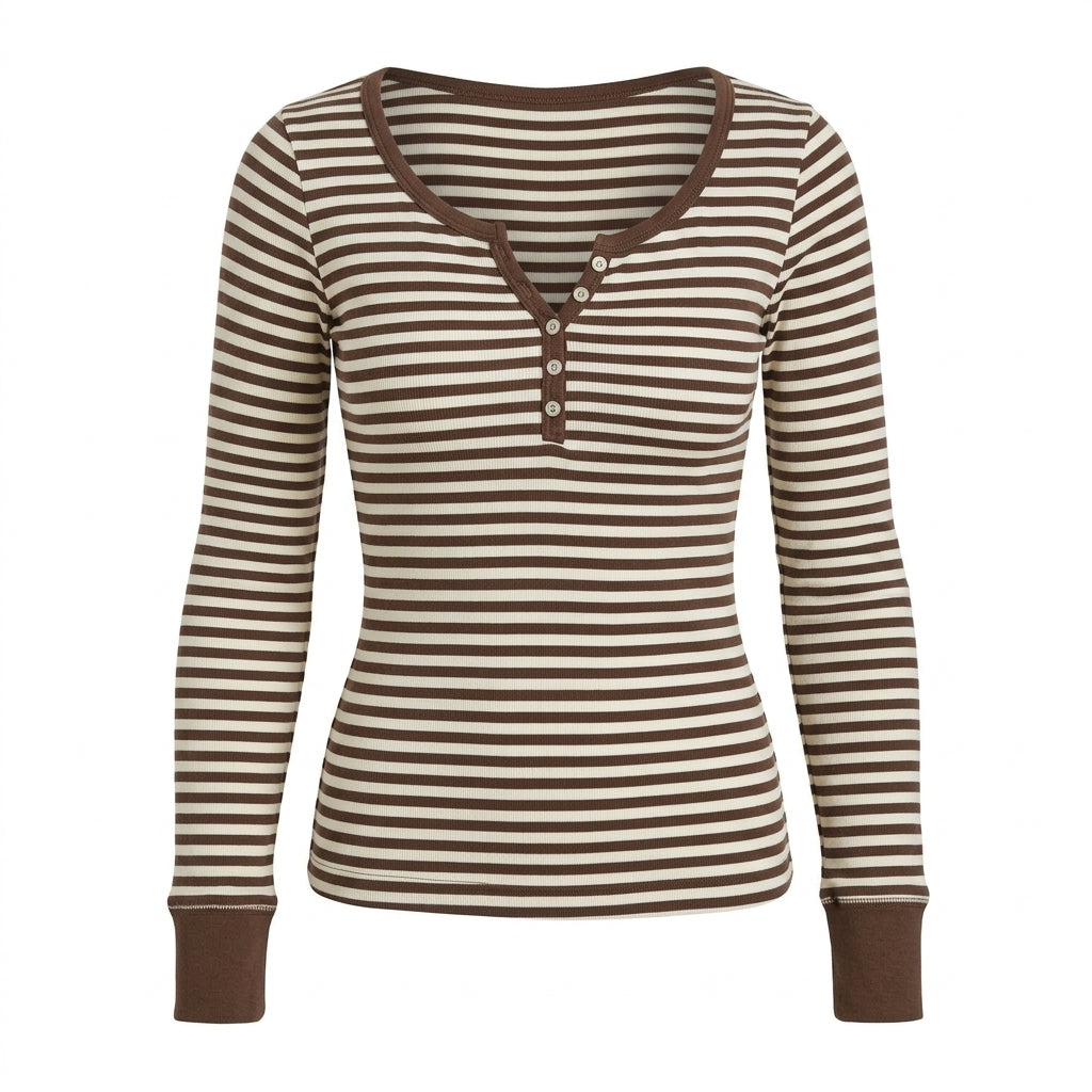 2000s Long Sleeve Striped Knit Henley Top