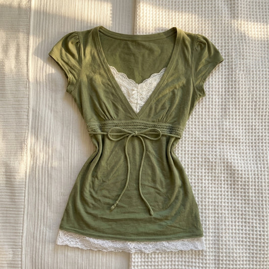 2000s Olive Green Lace V-Neck Top – Drawstring Tie Faux Two-Piece Cap Sleeve S–L