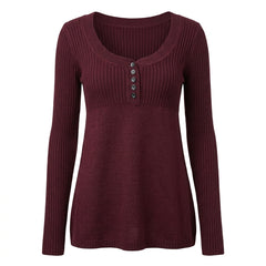 2000s Retro Burgundy Henley Knit Sweater – A-Line Ribbed Sleeve