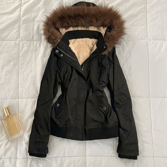 2000s Retro Fleece-Lined Hooded Jacket – Fur Trim Zip-Up Bomber in Black S–XL