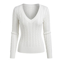 2000s Slim-Fit Cable Knit Sweater – Deep V-Neck Pullover in White Black Gray S–XL