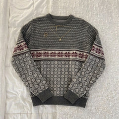 2000s Snowflake Grey Loose Pullover Knit Sweater – Fair Isle Nordic Pattern One Size