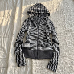 2000s Striped Zip-Up Hooded Jacket – Polka Dot Lined Hoodie in Dark Gray S–3XL