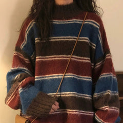 Vintage Striped Crew Neck Pullover Sweater - fairypeony