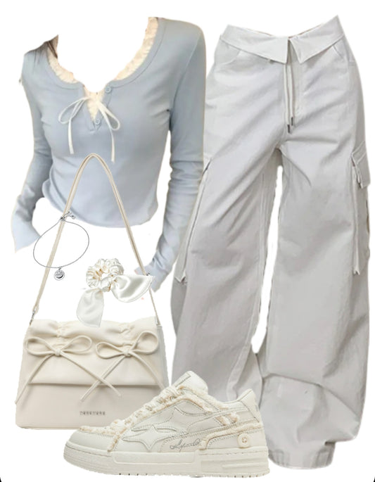 Long Sleeve Tee + Cargo Pants + Leather Shoulder Bag + Patchwork Sneakers